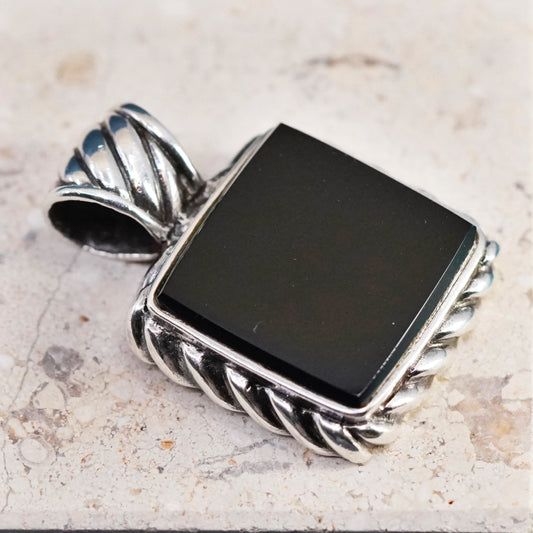 Vintage Sterling 925 silver handmade square pendant with onyx