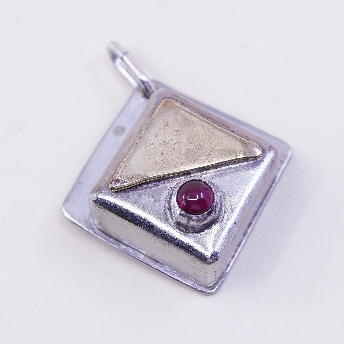 Vintage Sterling silver handmade pendant, Mexican 925 square with garnet brass