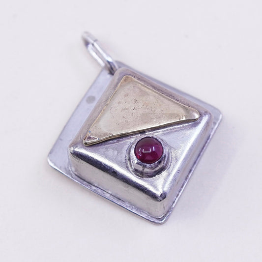 Vintage Sterling silver handmade pendant, Mexican 925 square with garnet brass