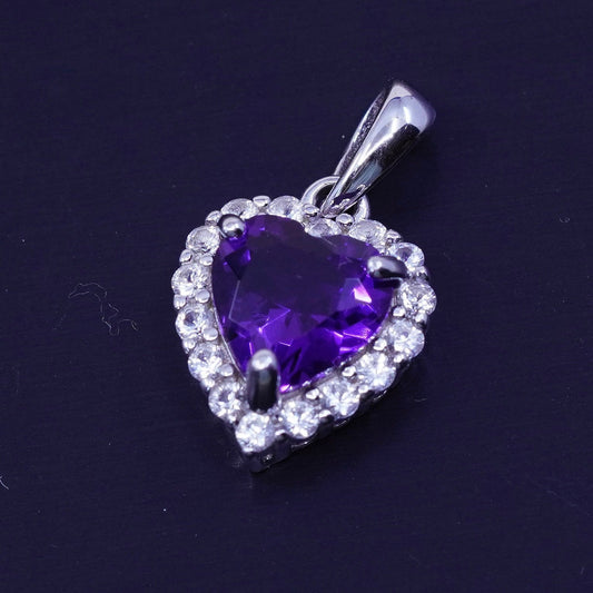 antique SUN sterling 925 silver heart pendant with amethyst and Cz