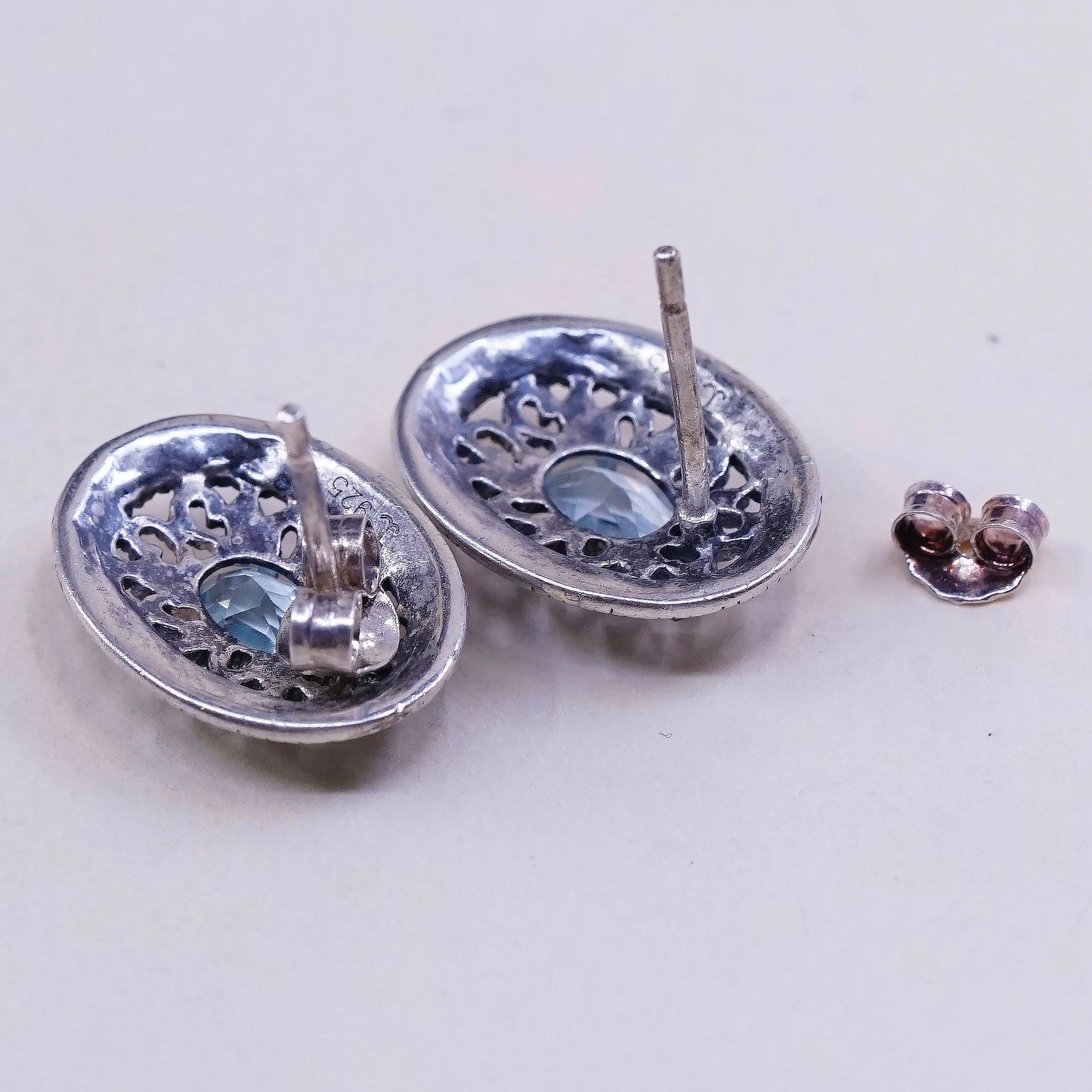 vtg Sterling silver handmade earrings, 925 studs w/ topaz and marcasite