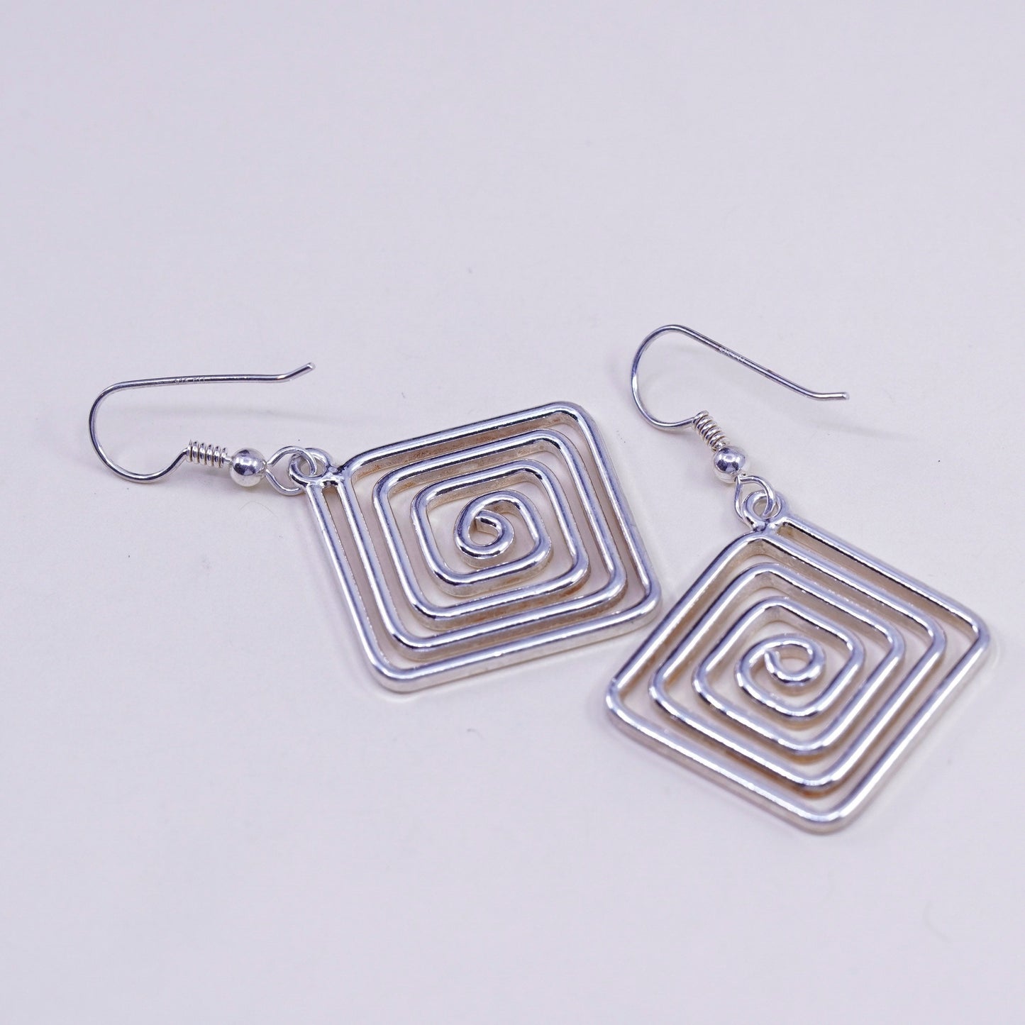 Vintage Sterling silver handmade earrings, modern square 925 swirl drop