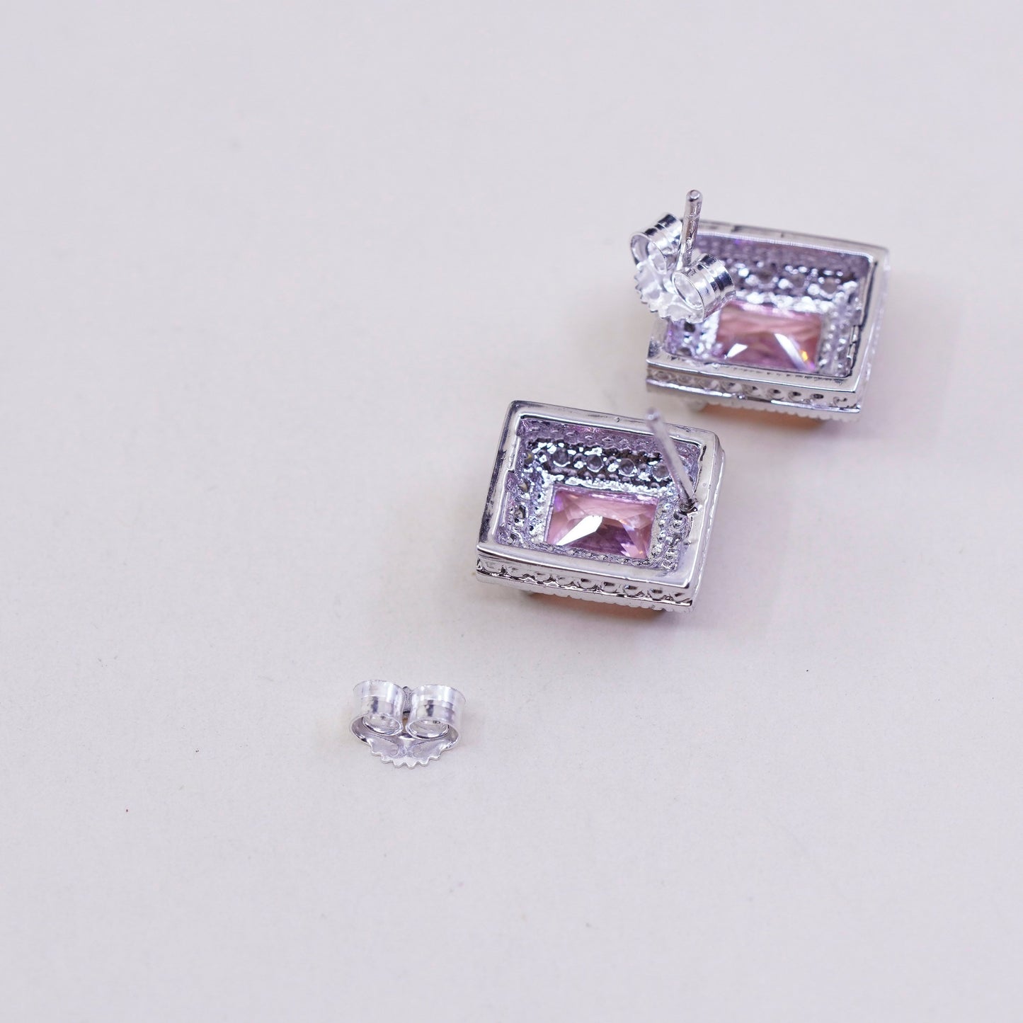 Vintage sterling silver handmade earrings, 925 square studs with pink Cz