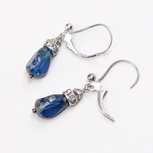 Vtg Sterling Silver Handmade Earrings W/ Blue Glass, 925 Hooks W/ Teardrop