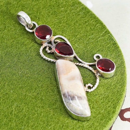 Vintage sterling 925 silver handmade pendant with landscape agate with ruby