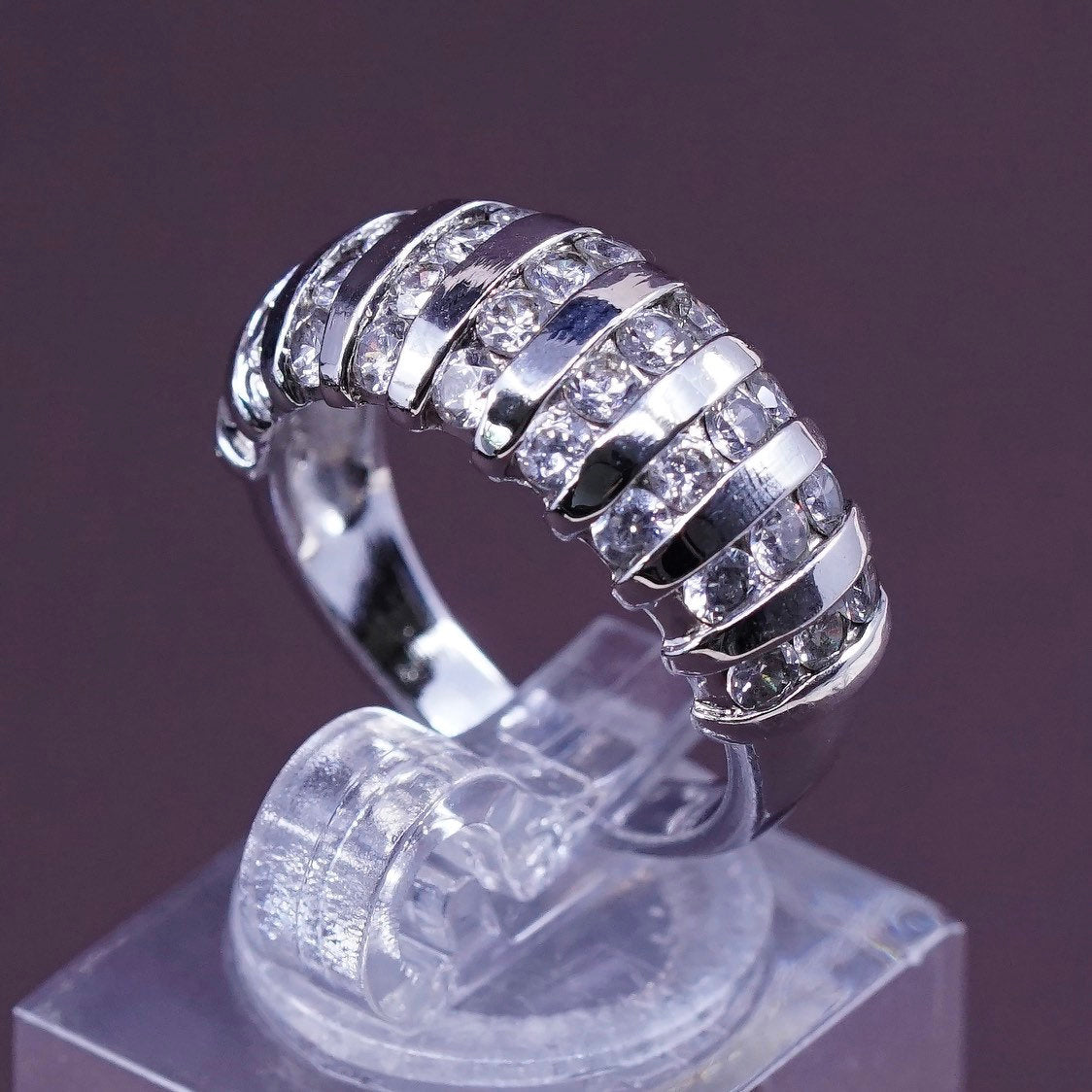 sz 5.75, vtg Sterling silver handmade ring, modern 925 band w/ cz