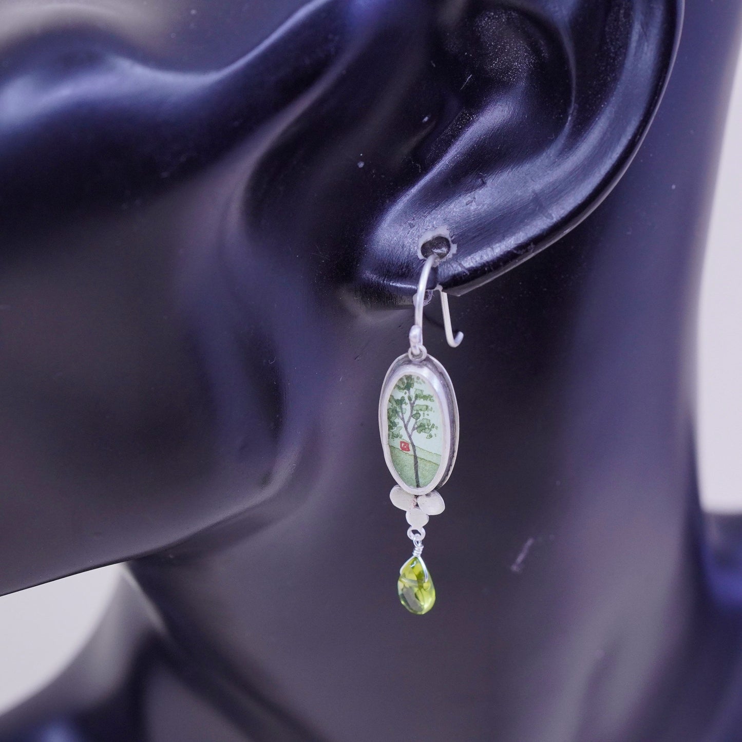 Designer Ananda KHALSA Sterling 925 silver handmade earrings, watercolor green spring maple and peridot drop, stamped 925 A