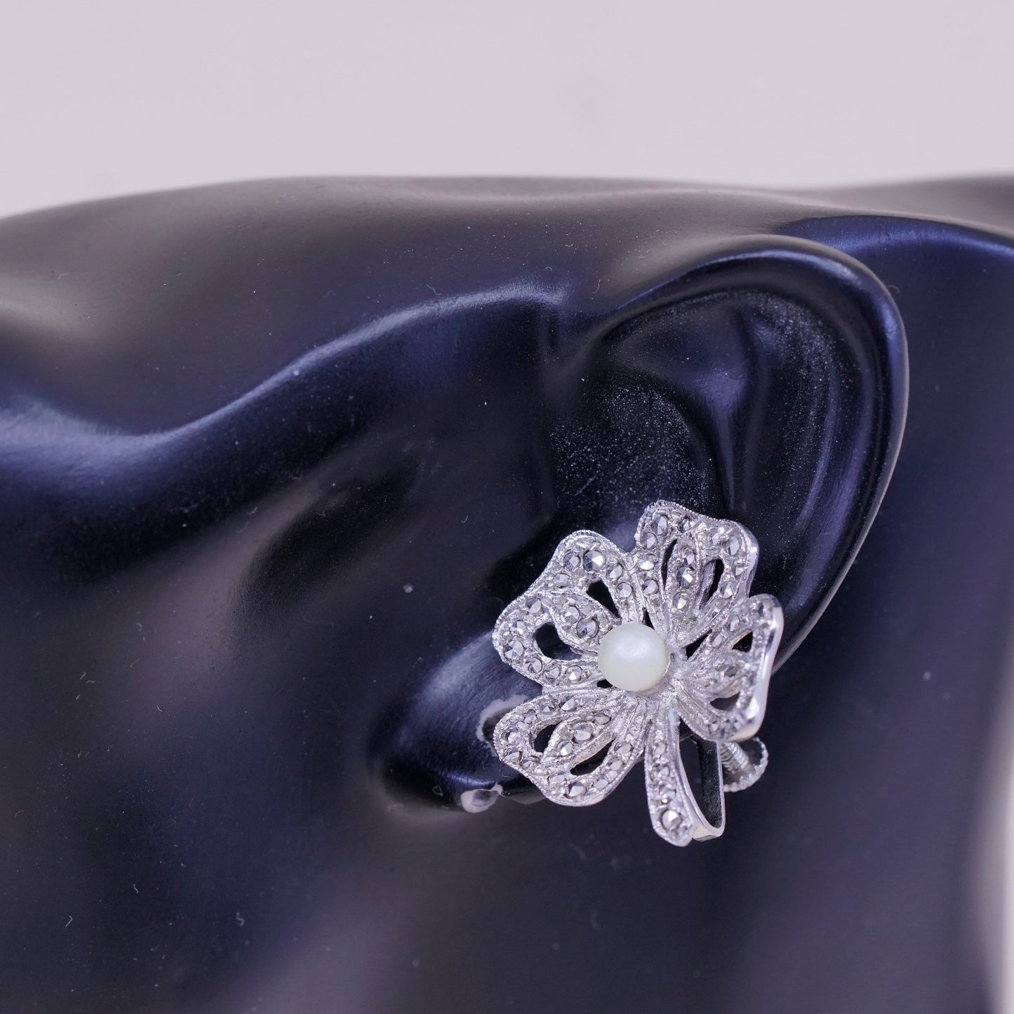 Vintage Sterling silver handmade earrings, 925 screw back flower with Marcasite