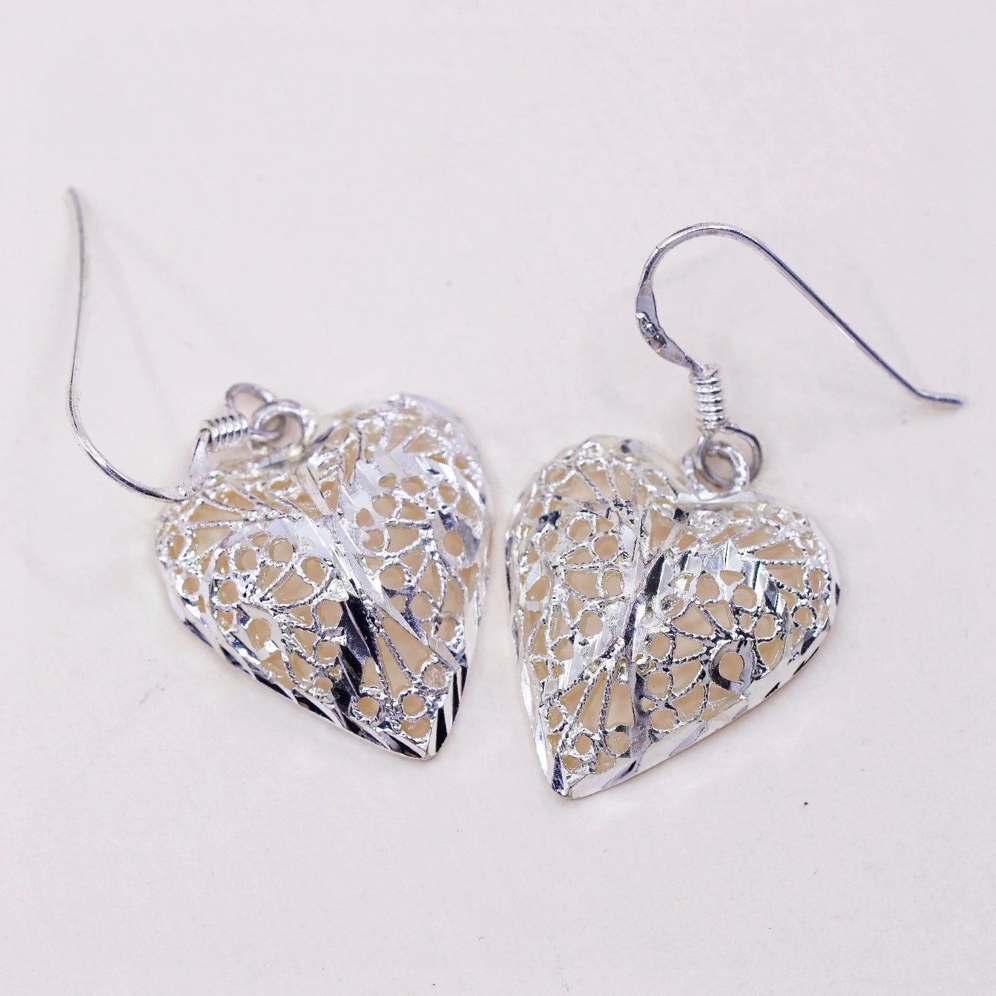 Vintage sterling silver handmade earrings, 925 filigree heart