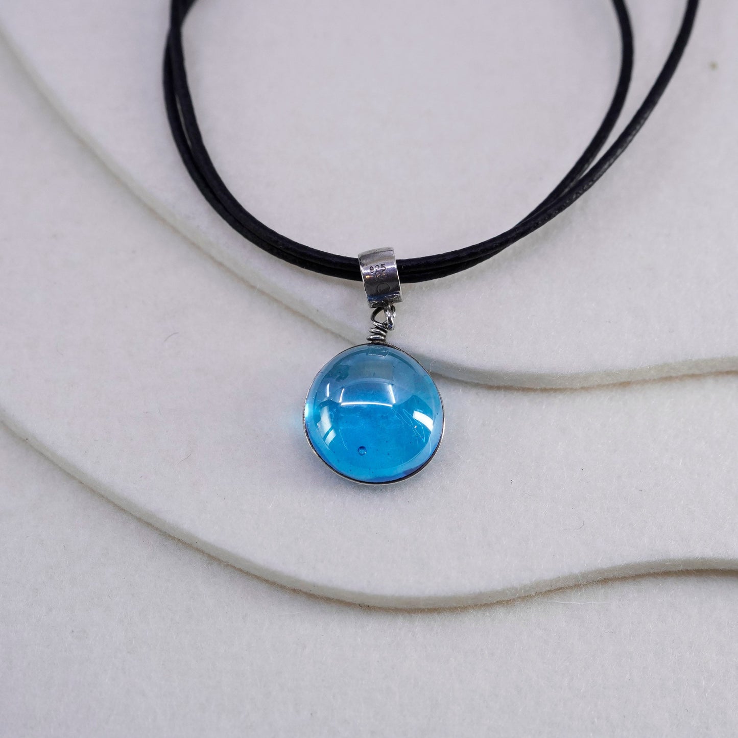 14+2”, 925 Sterling Silver Handmade black Leather Necklace with blue glass