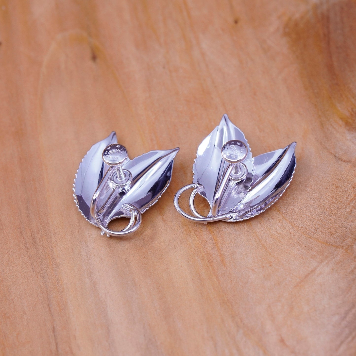 Vintage SSH Sterling silver handmade screw back earrings, 925 leaves