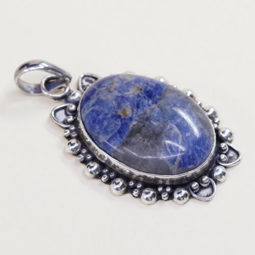 Vtg Sterling Silver Handmade Filigree Bali Pendant W/ Oval Sodalite, Stamped 925