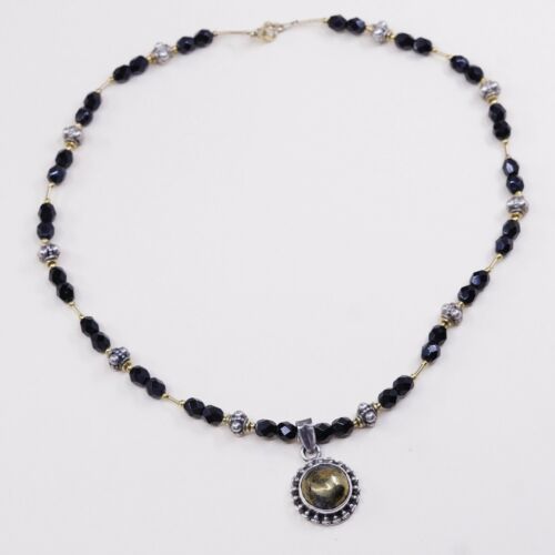 18”, Vtg Sterling 925 silver handmade necklace W/ Brass N Obsidian Pendabt