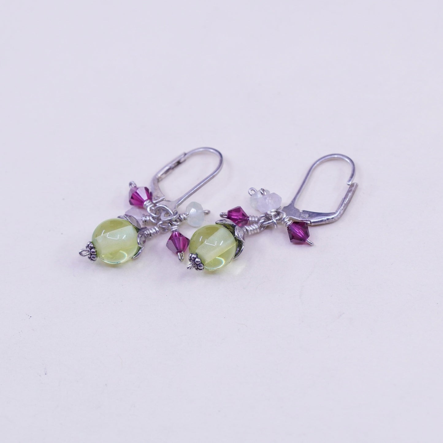 Vintage Sterling 925 silver handmade earrings with cluster green glass beads