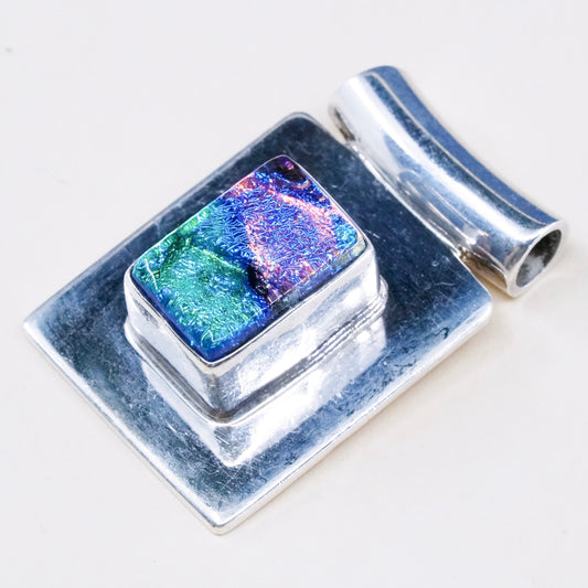 vtg sterling silver with handmade square shaped dichroic glass pendant
