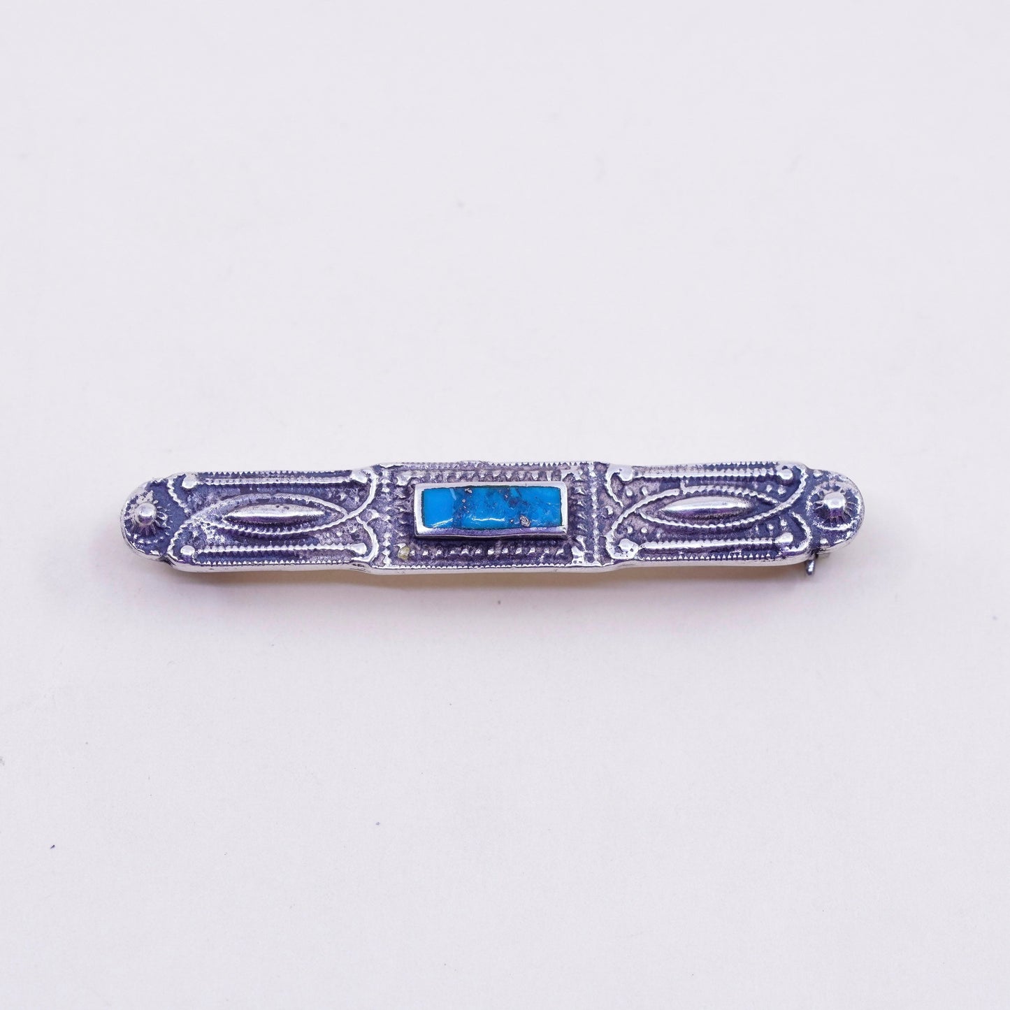 Vintage Boma Sterling 925 silver handmade brooch, long bar pin blue turquoise