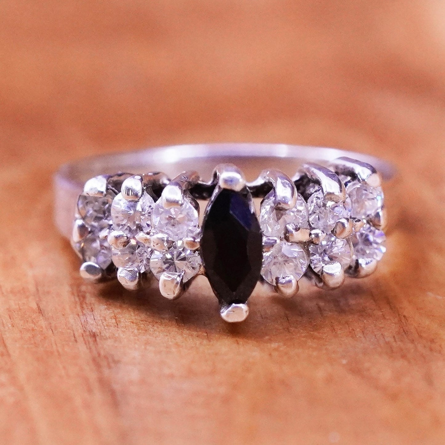 Size 4.75, Vintage Sterling 925 silver handmade ring with obsidian and cz