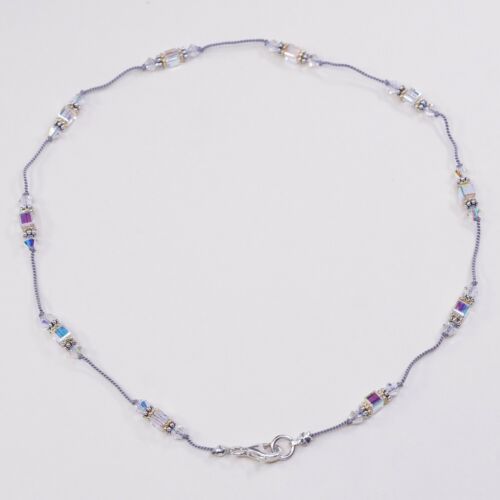 16”, Vtg handmade Linen necklace W/ Crystal Beads N Sterling 925 Silver Clasp