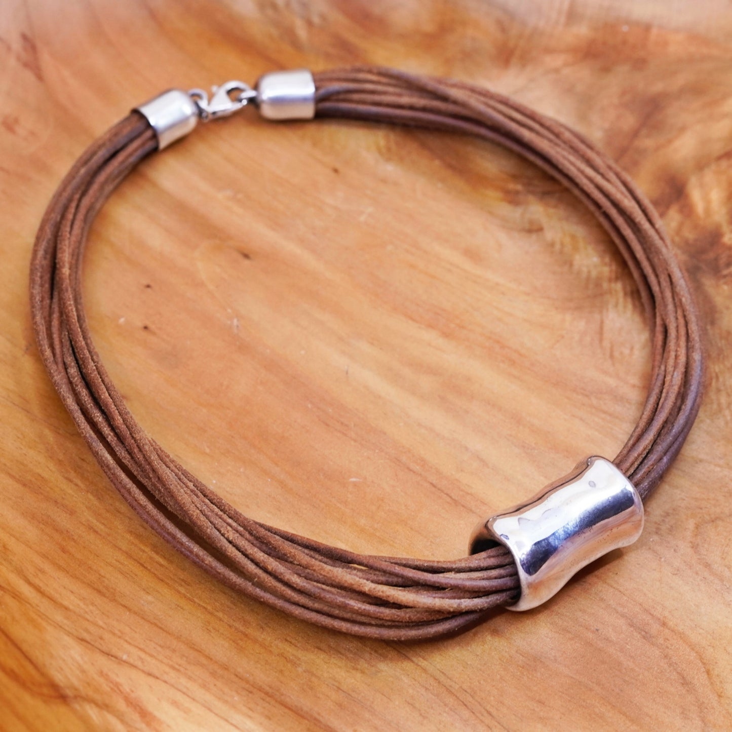 15”, Sterling Silver Multi Strand brown Leather Necklace 925 silver Pendant