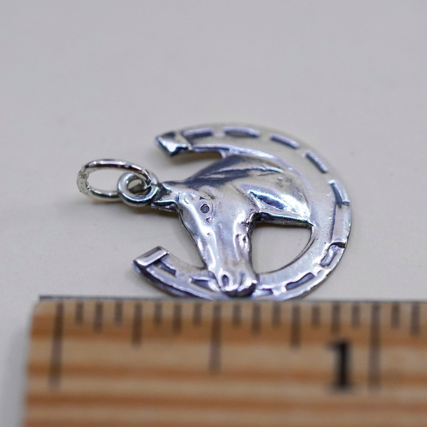 Handmade vintage Sterling silver pendant, 925 horse charm with horseshoe