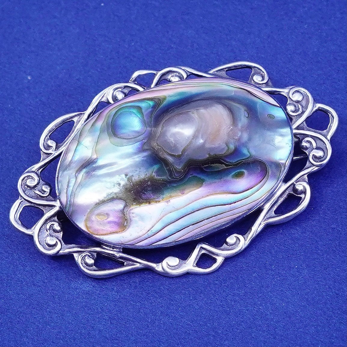 Vintage sterling 925 silver handmade brooch, oval pendant abalone blaster pearl