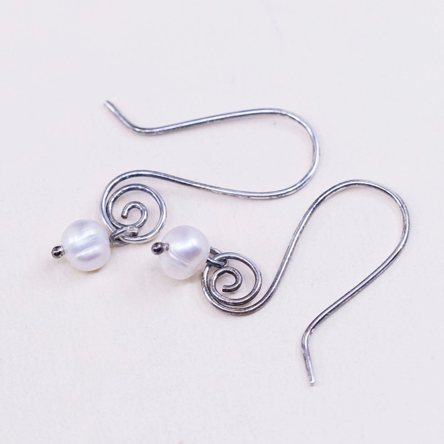 Vintage sterling silver handmade earrings, 925 swirl with pearl drop