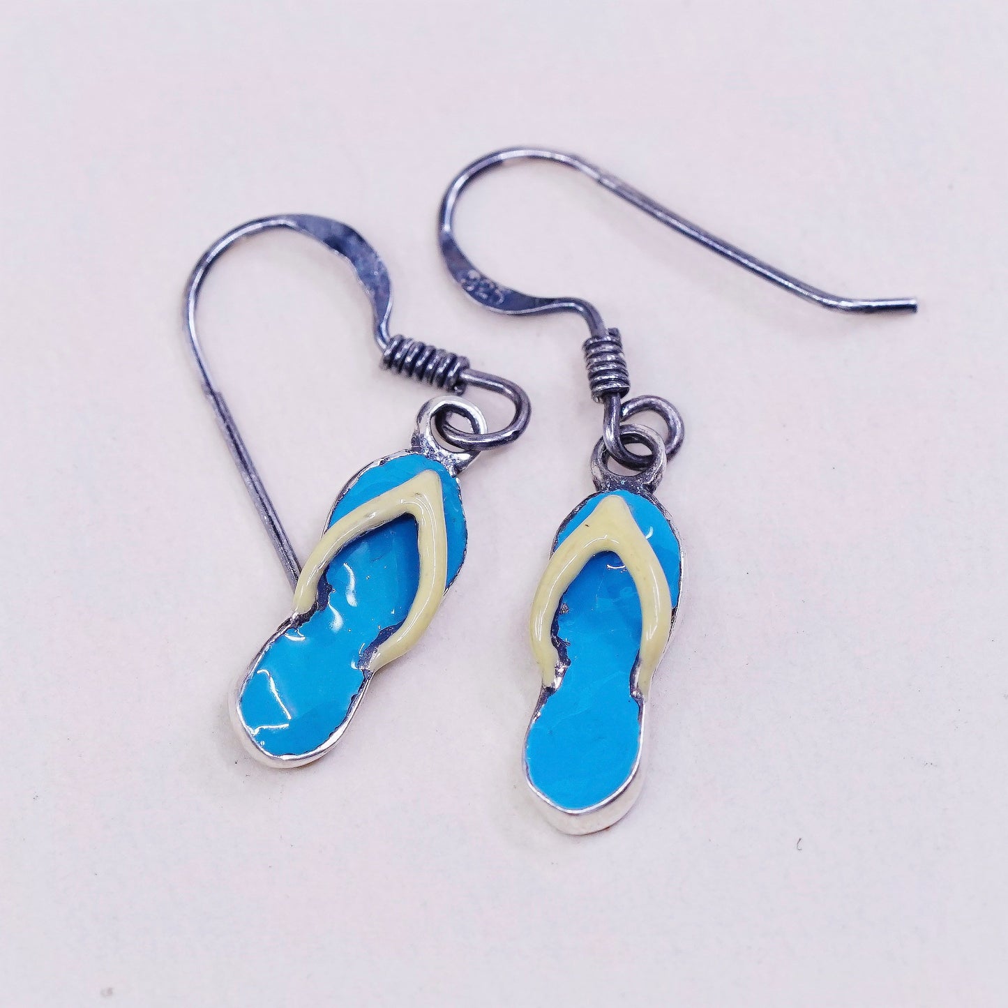 vtg sterling silver handmade earrings, 925 flip flop sandals w/ blue enamel