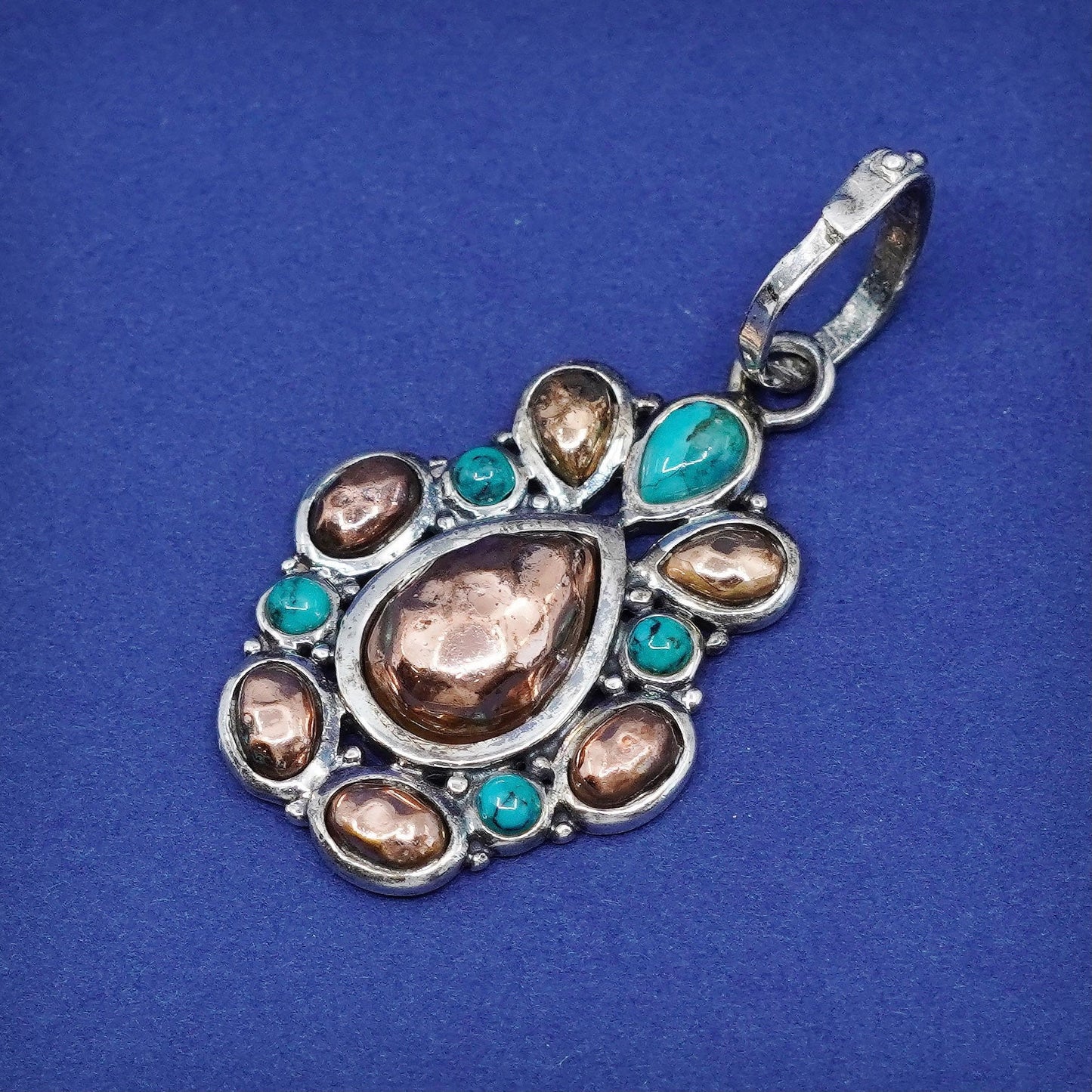 Vintage barse Sterling 925 silver handmade pendant w/ teardrop copper turquoise