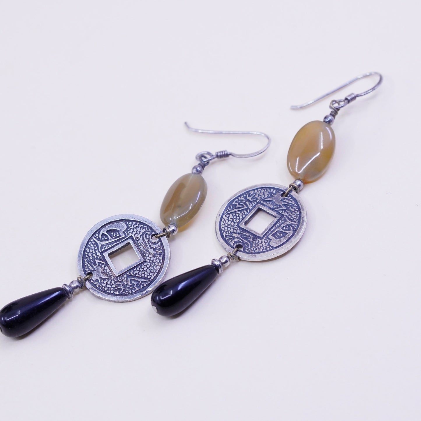 Vintage sterling 925 silver handmade earrings, 925 ancient coin with smoky quartz and teardrop black onyx, stamped 925