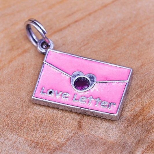 vtg Sterling 925 silver handmade love letter pendant with pink enamel and ruby