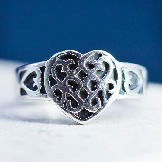 Size 7, vintage sterling silver handmade ring, 925 textured heart band
