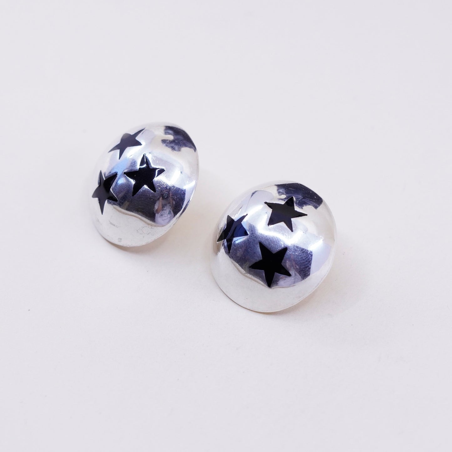 Sterling silver handmade earrings, Mexico 925 studs with black enamel stars