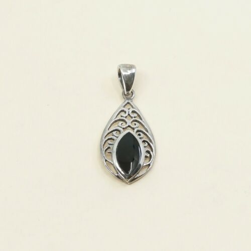 Vtg Sterling Silver Handmade Pendant solid 925 silver w/ Obsidian, stamped 925