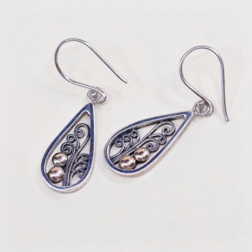 Vtg two tone Sterling Silver Earrings, 925 Filigree Teardrop W/ 14K Beads