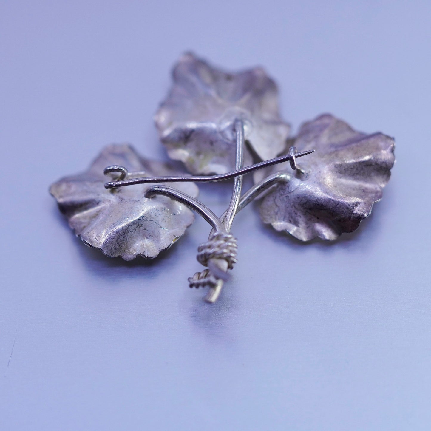 Vintage sterling silver handmade brooch, 925 leaves pin with crystal