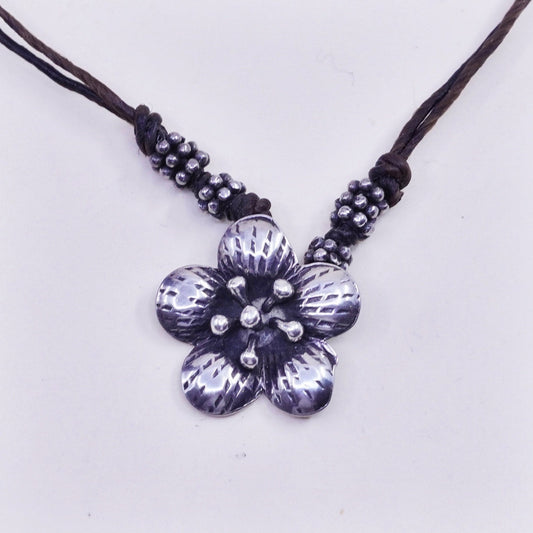 16”, Vintage leather necklace and Sterling 925 silver flower pendant