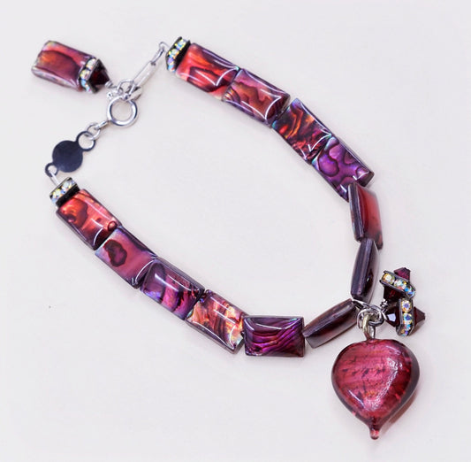 7”, sterling 925 silver handmade bracelet w/ red abalone beads N heart charm