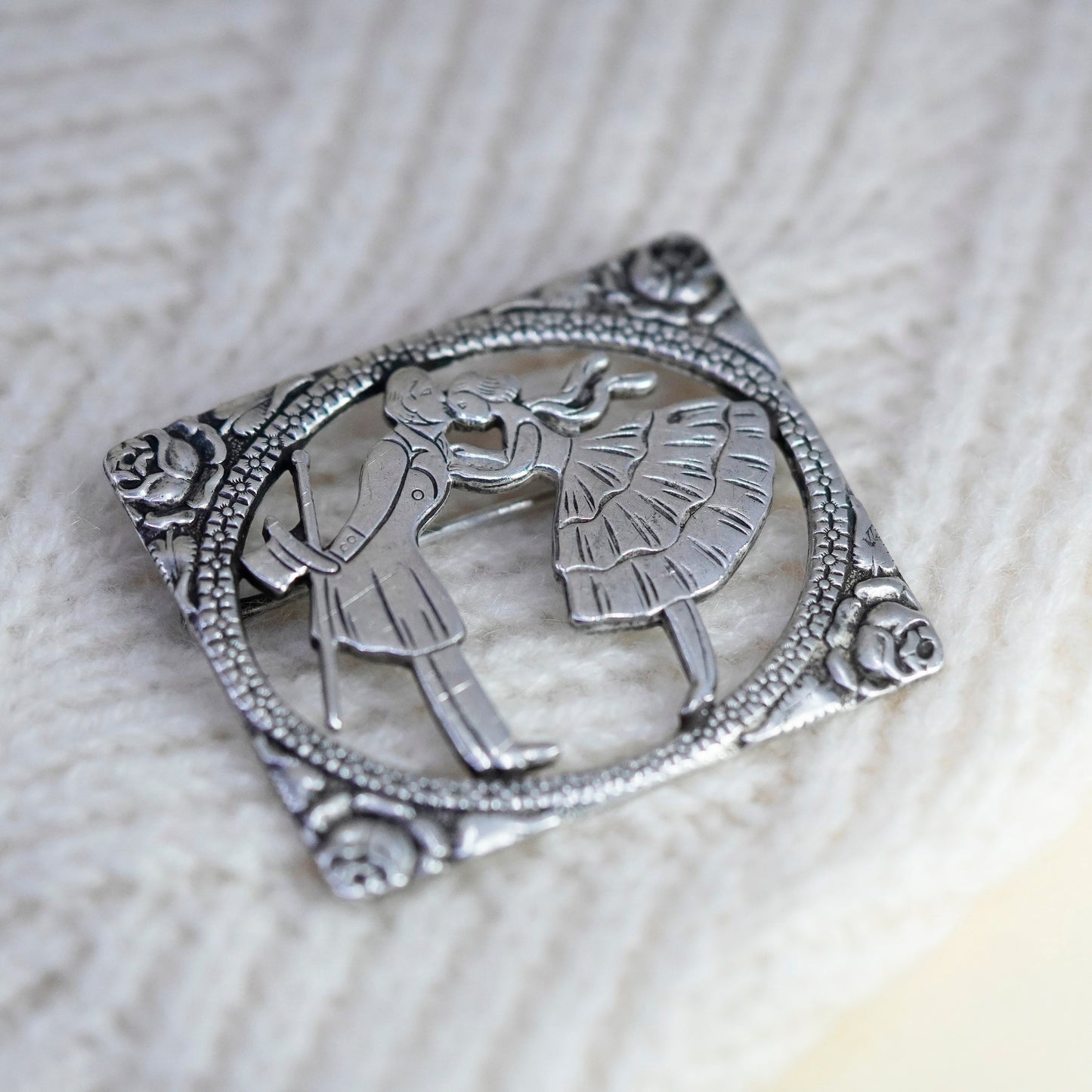 Vintage sterling silver handmade brooch, 925 love couple valentine’s pin