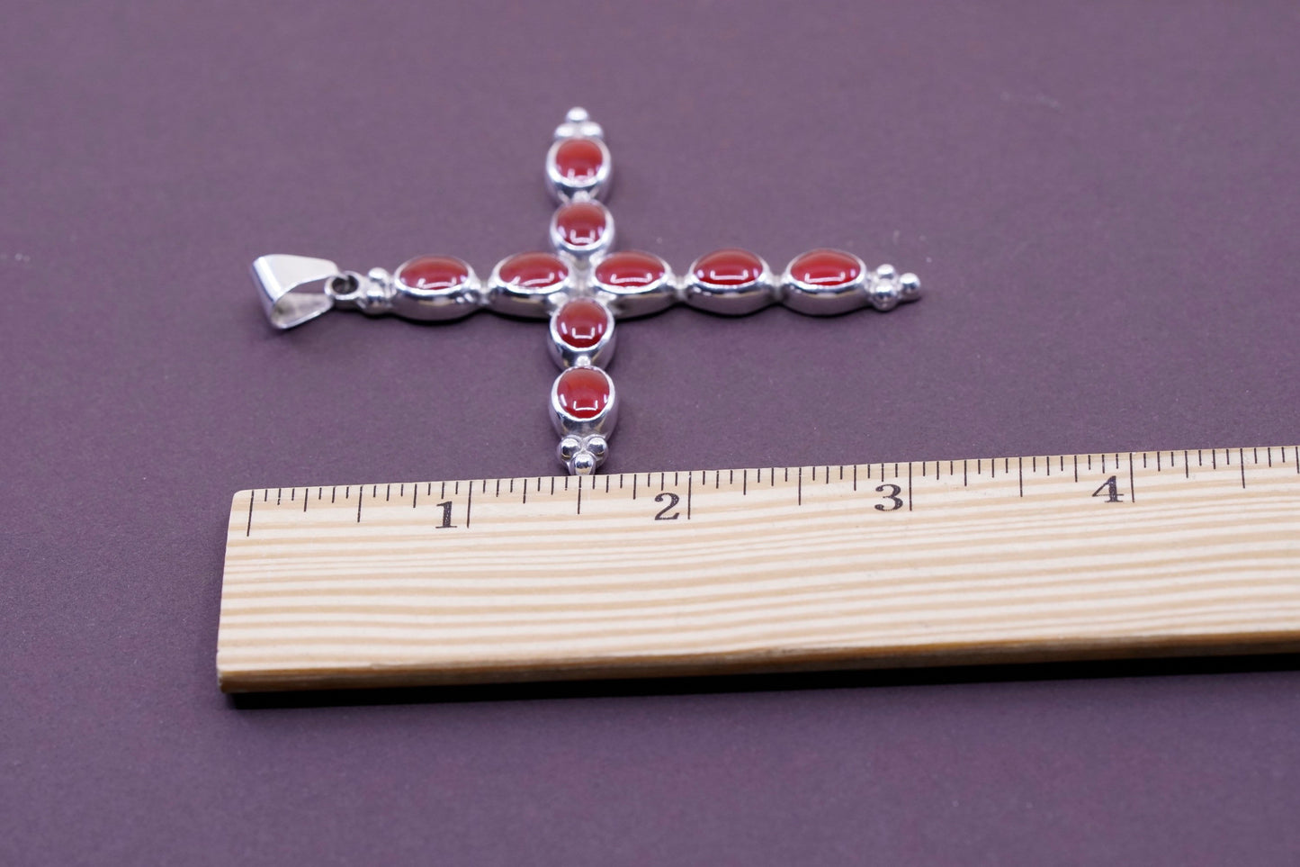 Vintage Sterling silver handmade pendant, huge 925 cross with carnelian