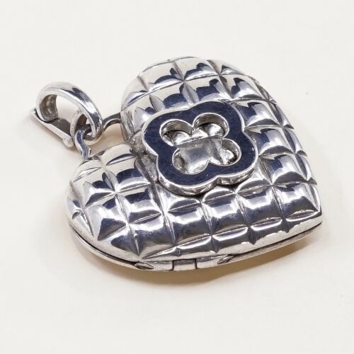 Vtg Heidi Klum 925 Sterling Silver Clover Quilted Heart Locket Pendant