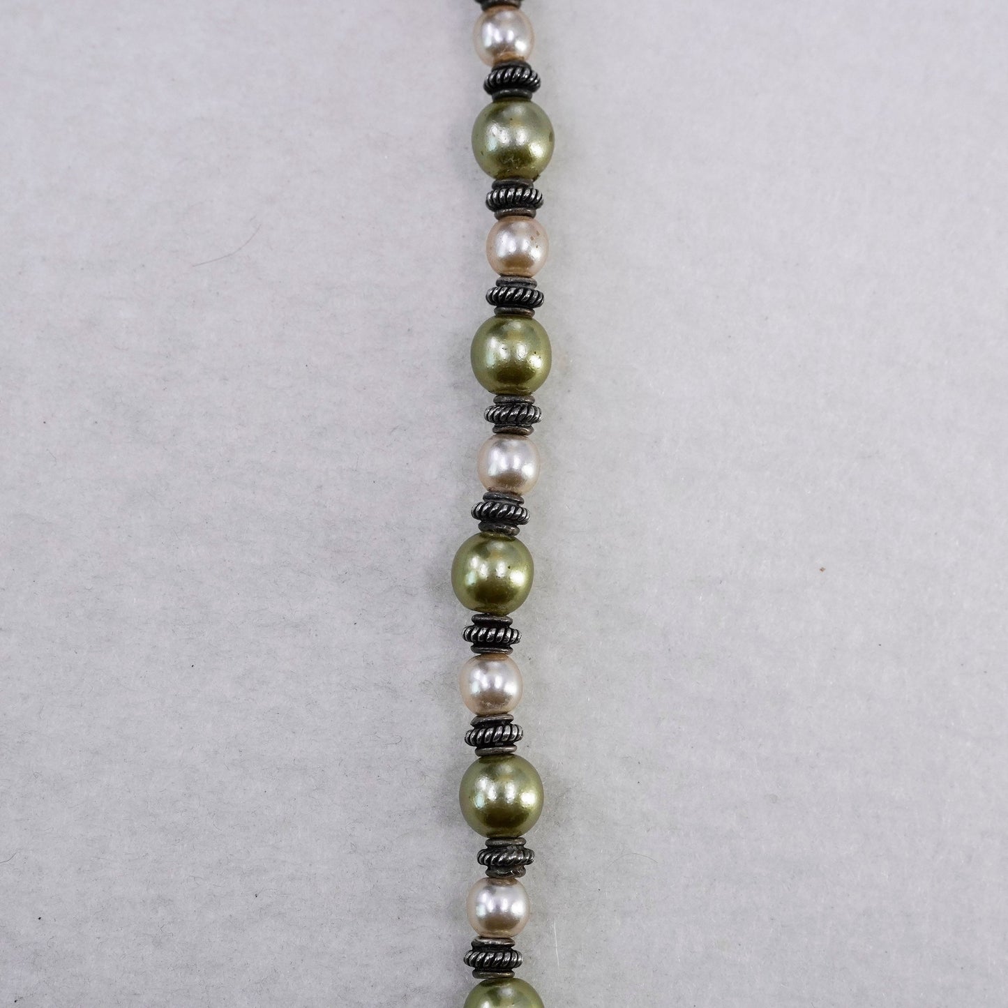 16”, vintage 8mm green pearl necklace with Sterling 925 silver clasp