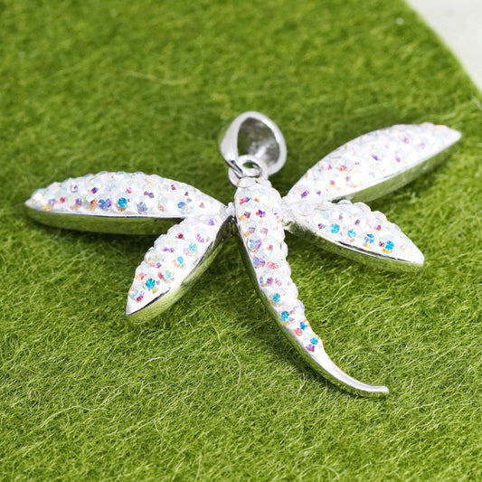 Vintage sterling 925 silver handmade dragonfly pendant with with crystal