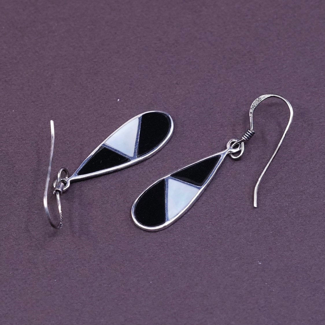 VTG Sterling silver handmade earrings, 925 w/ teardrop obsidian N MOP