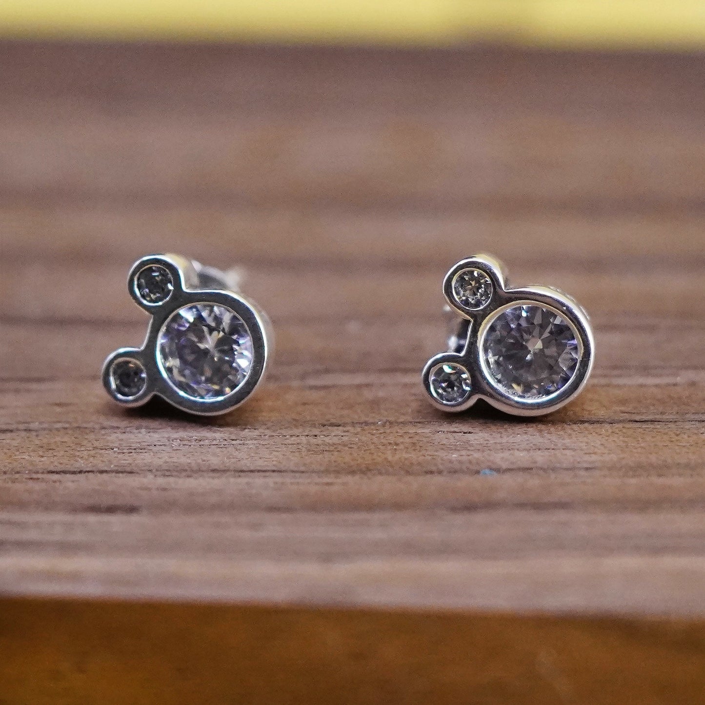 vintage Sterling silver clear round crystal studs, cz Mickey Mouse earrings