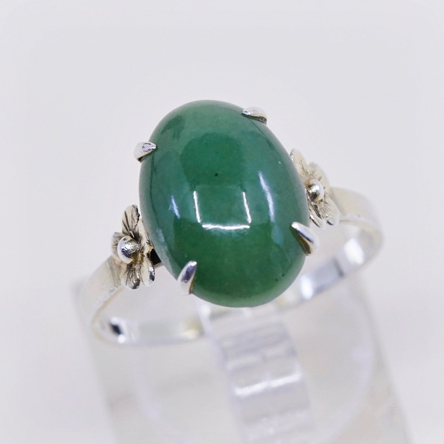 sz 8, vtg vermeil gold over sterling 925 silver statement ring w/ jade N flower