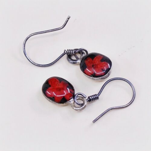 Vtg Sterling Silver Handmade Earrings, 925 Round Red Resin Flower, Stampe 925