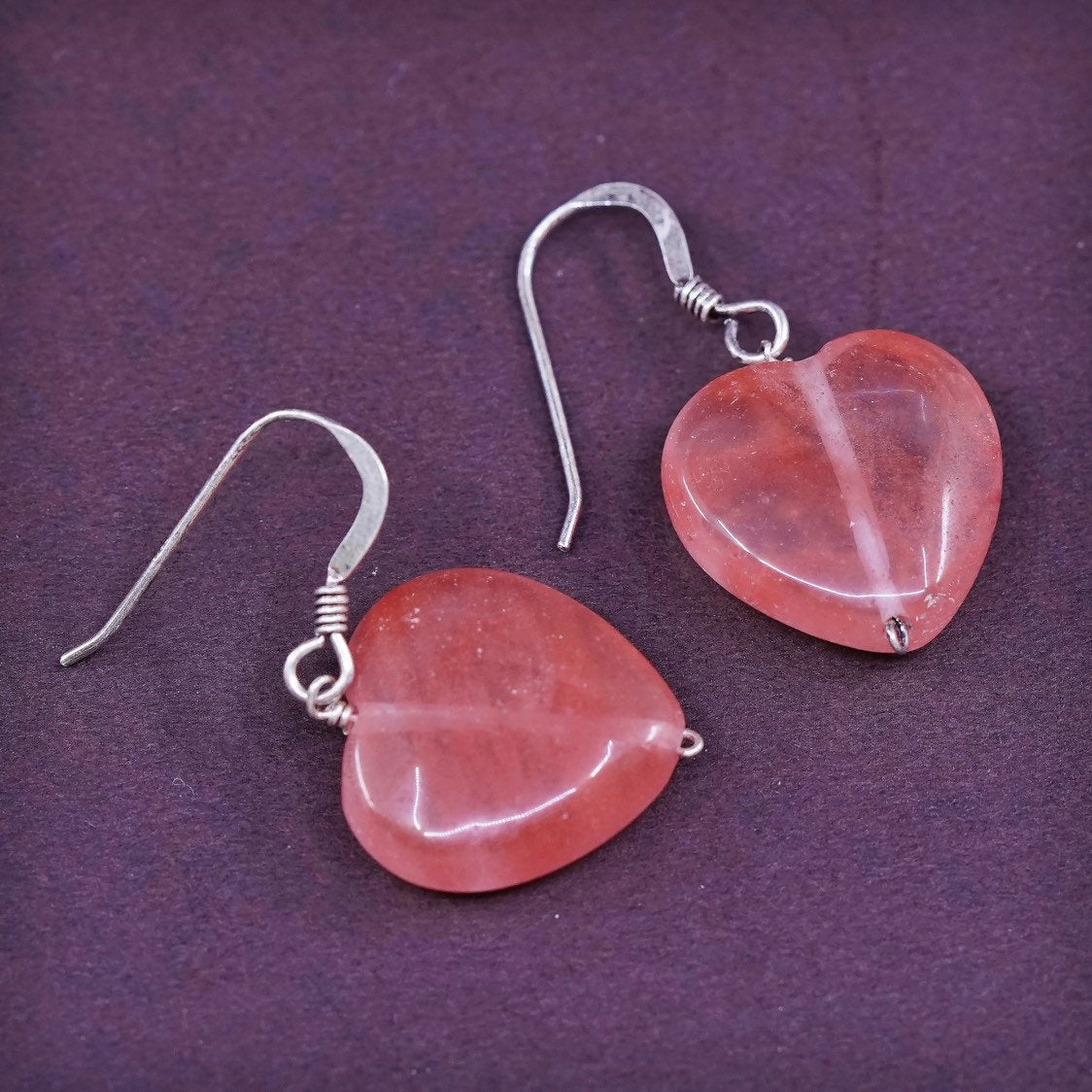vtg Sterling silver handmade earrings, 925 w/ heart pink quartz drops