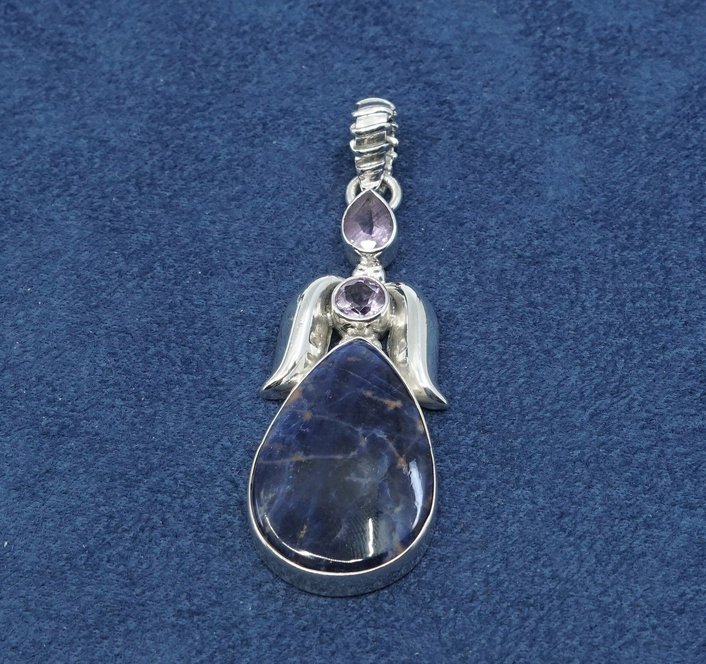 vtg sterling silver handmade pendant, 925 w/ teardrop lapis lazuli N amethyst