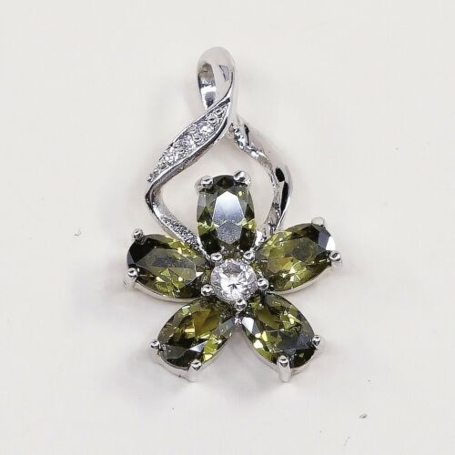 Vtg Fashion Sterling silver pendant, Flower w/ Peridot N Cz, silver tested