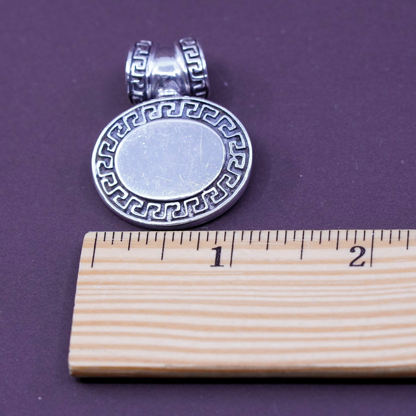 Vintage sterling silver handmade pendant, 925 oval blank pendant with Greek key